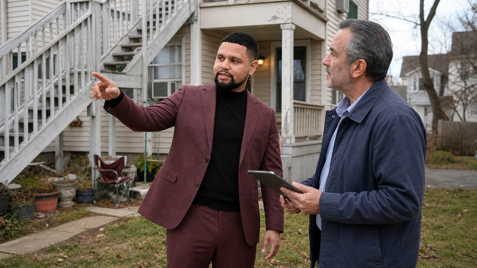 Ariel speaking with a landlord near a multifamily property.